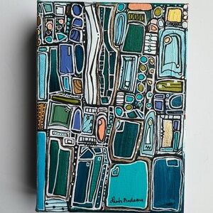 Mid Century Modern Abstract Cityscape | Original Acrylic & Oil Painting 7 x 5 in